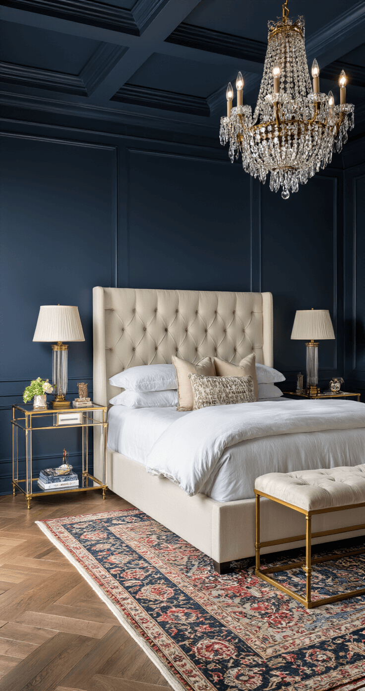 A luxurious bedroom with a dramatic navy accent wall, oversized cream linen headboard, crystal chandelier, coffered ceiling, brass and glass side tables, vintage lamps, herringbone hardwood floors, and a partially covered Persian rug in jewel tones, captured from a corner angle.