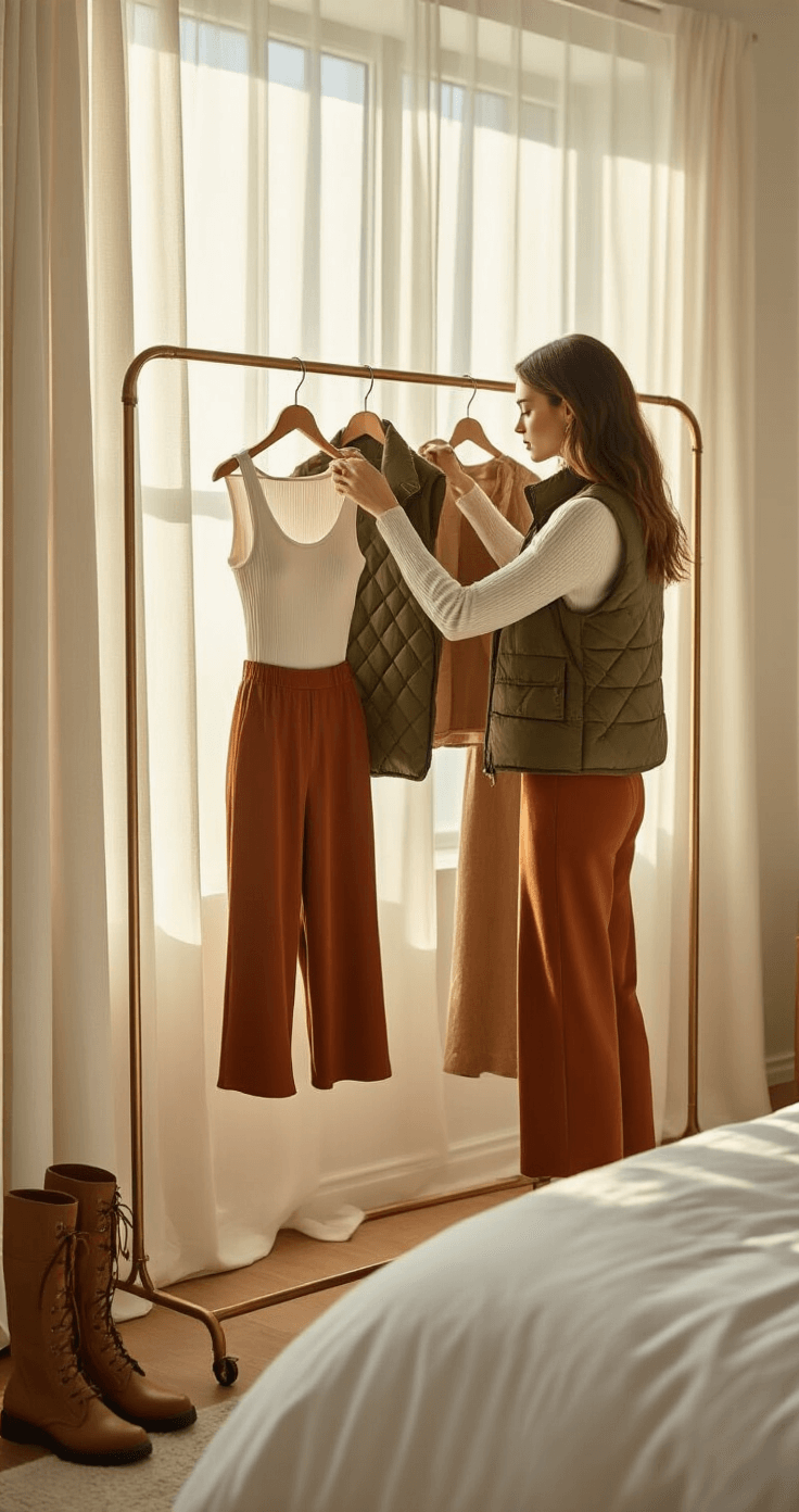 A minimalist white bedroom bathed in golden hour light features a model organizing a fall capsule wardrobe on a brass clothing rack, showcasing a white ribbed bodysuit, rust-colored wide-leg wool pants, a quilted olive vest, and brown leather combat boots, with soft shadows highlighting the textures and an arrangement of warm neutrals and earth tones.