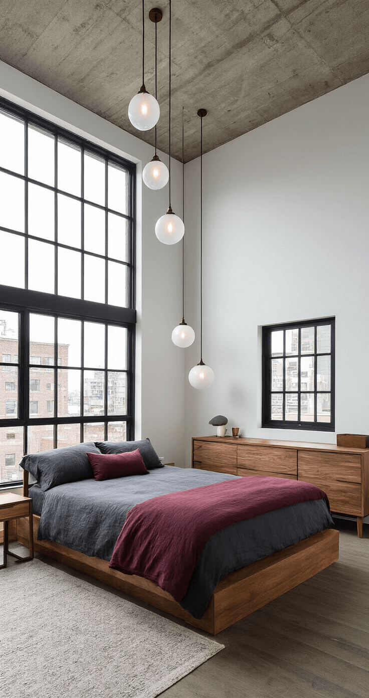 A modern primary suite featuring an industrial-meets-organic aesthetic, with an exposed concrete ceiling softened by pendant globe lights, warm walnut furniture, a king bed dressed in charcoal linen with burgundy accents, and black-framed windows showcasing urban views, all captured from an elevated angle highlighting the geometric interplay of materials.