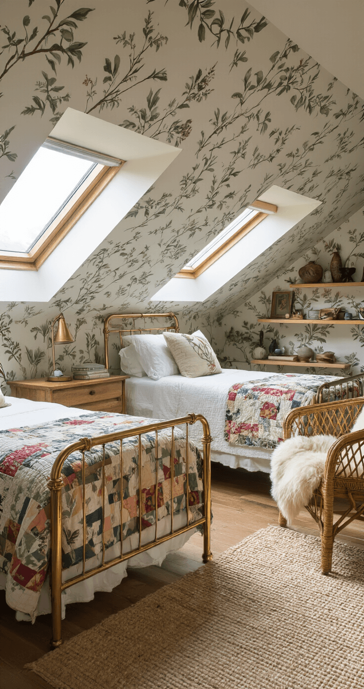 Cozy attic bedroom with sloped ceilings and botanical wallpaper, featuring twin brass beds with vintage quilts, a rattan chair in a reading nook, and floating wooden shelves displaying treasures, all bathed in dramatic afternoon light from dormer windows.