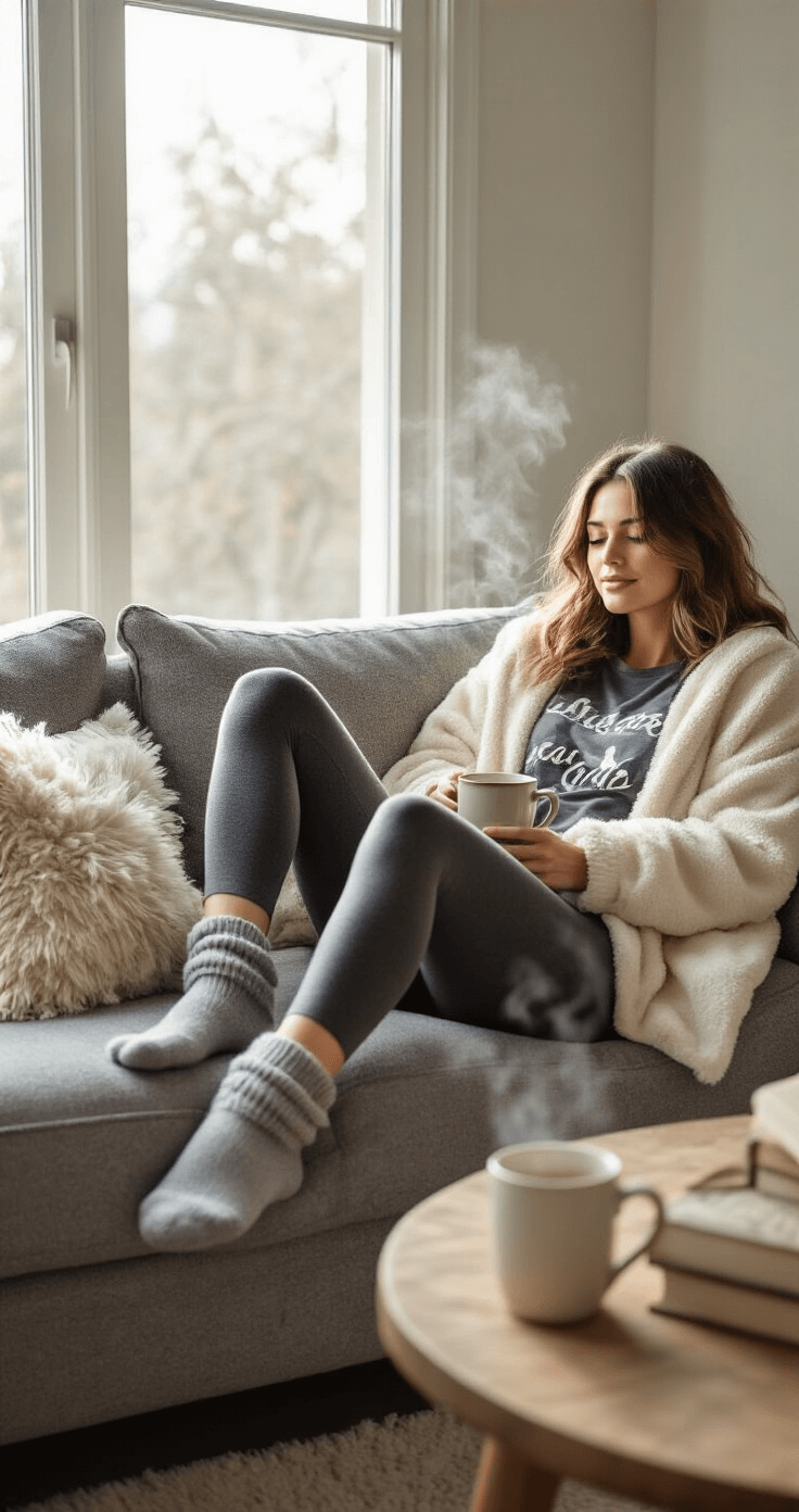 A cozy living room with diffused afternoon light, featuring a model curled up on a grey bouclé sofa in charcoal flared leggings, an oversized vintage-wash graphic tee, and a cream sherpa jacket. Fuzzy grey socks, scattered throw pillows, and steam rising from a ceramic mug on a wooden side table enhance the comfortable ambiance.