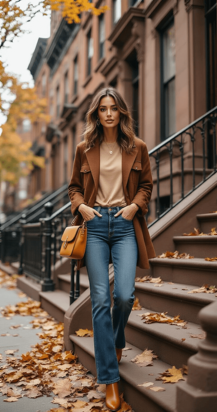 Model descending historic brownstone stoop on an overcast autumn day, wearing a chocolate brown shacket, beige long sleeve tee, and high-rise straight-leg jeans, complemented by gold-tone accessories and a cognac leather crossbody bag; fallen leaves scatter the steps, with a low-angle shot highlighting urban sophistication and warm metallics.