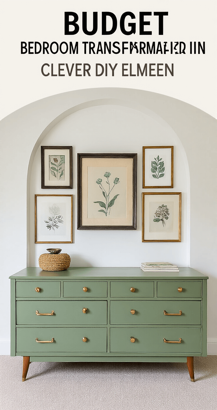 A budget-friendly bedroom featuring a refinished sage green mid-century dresser with brass hardware, a gallery wall of vintage frames and modern prints, and a painted arch accent behind the bed, showcasing a symmetrical design.