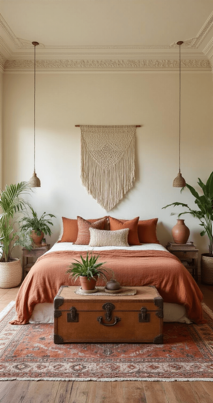 A cozy Bohemian sanctuary featuring a low-profile platform bed adorned with layered earth-toned textiles, a macramé wall hanging, and surrounded by potted plants. The room showcases a Moroccan rug, a vintage trunk used as a nightstand, and ceramic table lamps, all under 10ft ceilings with original moldings, illuminated by golden hour light.