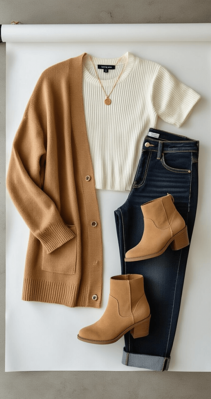 Flat lay of fall fashion essentials including a camel cashmere cardigan, ivory ribbed knit top, dark wash stretch denim, tan suede boots, and minimal gold jewelry, arranged on a concrete floor with a white backdrop, featuring soft, even lighting to highlight textures and colors.