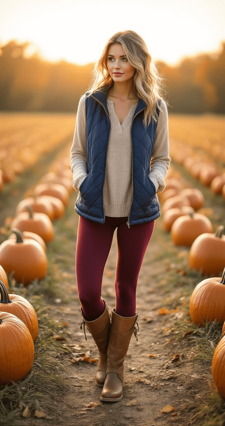 Model in burgundy fleece-lined leggings and an oversized oatmeal thermal henley browses a rustic pumpkin patch at sunset, wearing a quilted navy vest and distressed leather boots, with slightly tousled hair illuminated by warm golden backlight in a vibrant autumn atmosphere.