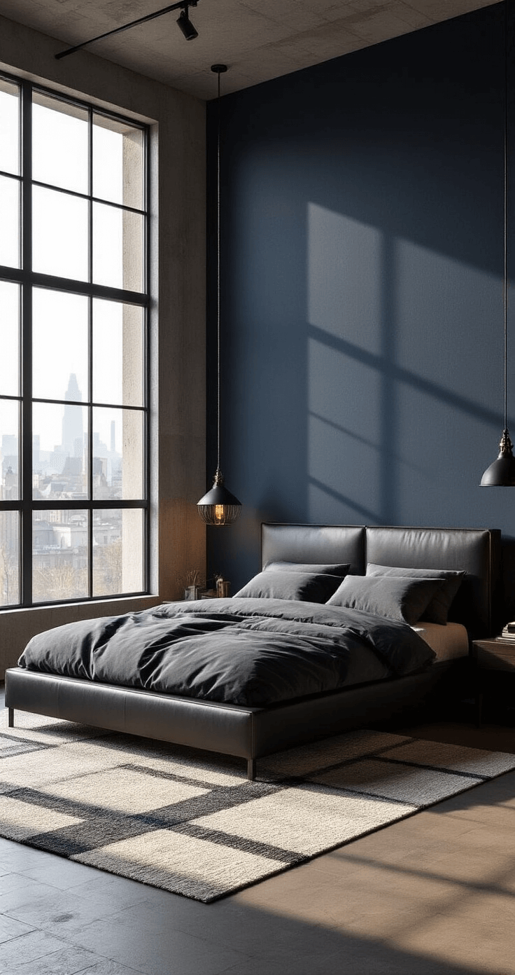 A contemporary masculine bedroom featuring a low-profile platform bed with charcoal gray linens and a black leather headboard against a deep navy accent wall, illuminated by golden hour sunlight. Industrial black metal pendant lights hang asymmetrically, while exposed concrete elements and a geometric wool rug add texture. Dark wood furniture complements the space, with dramatic shadows captured from a 45-degree angle at door frame height.