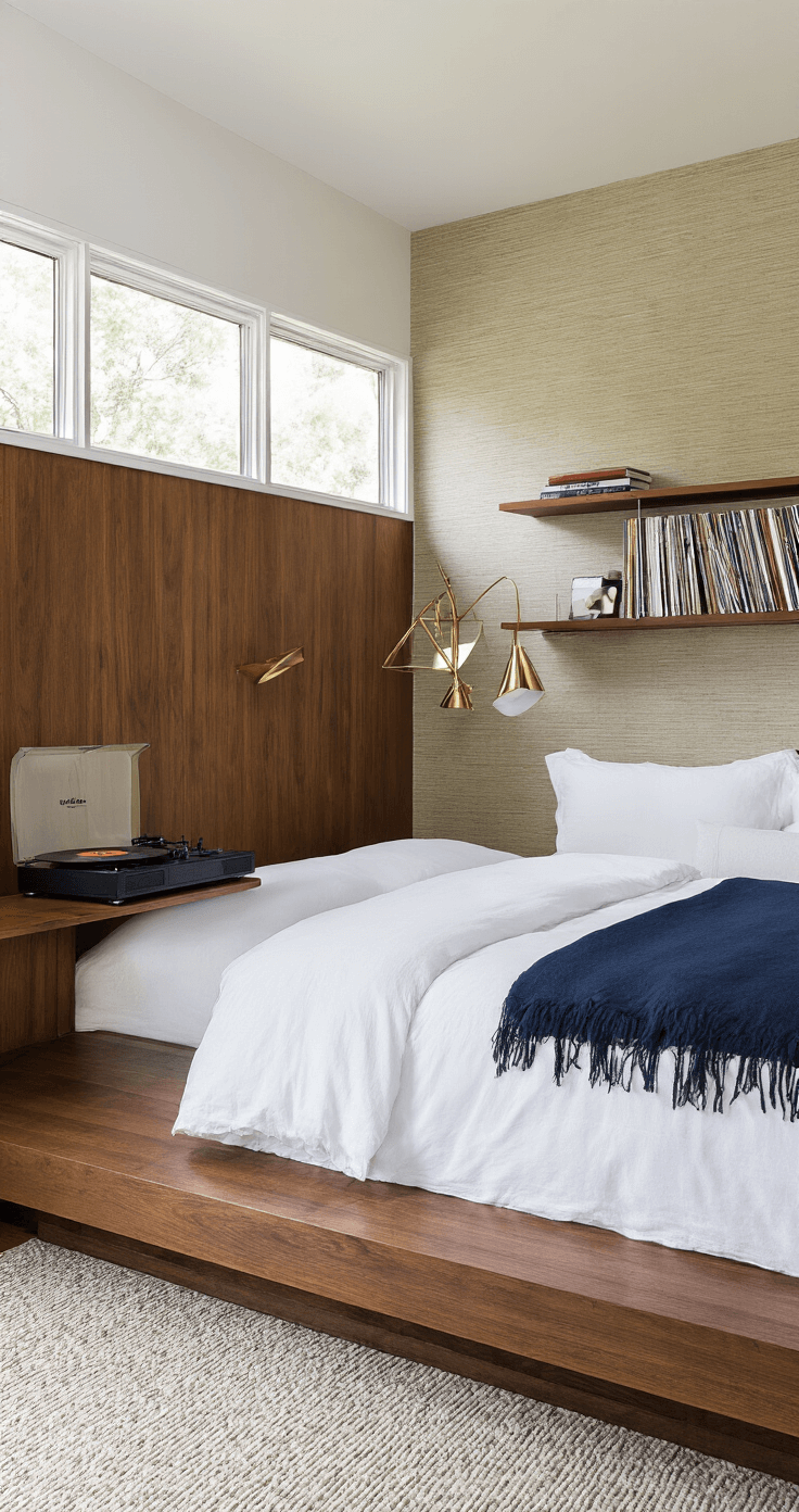 A mid-century modern bedroom features a walnut-paneled accent wall, a platform bed with white bedding and navy throws, brass light fixtures, and a vintage record player on floating shelves, all under natural and artificial light.
