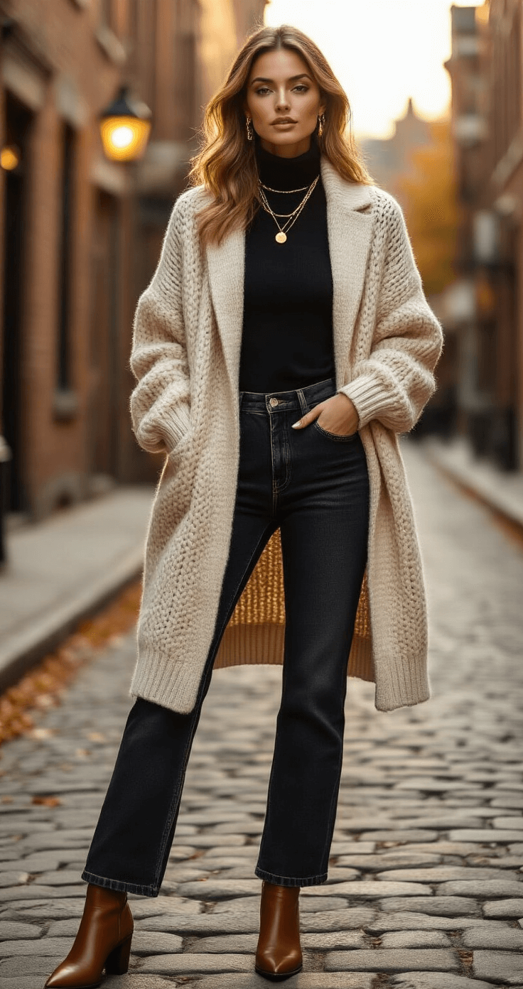 A model showcases expert layering techniques in a historic neighborhood during golden hour, wearing a fitted black turtleneck, ivory chunky knit cardigan, and camel wool coat, paired with dark wash straight-leg jeans and pointed leather boots. Warm autumn light illuminates gold jewelry and textures against a cobblestone street and brick buildings, captured in shallow depth of field with a 50mm lens at f/1.8.