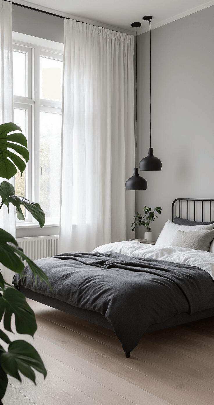 A minimalist Scandinavian-inspired bedroom featuring pale gray walls, light oak flooring, and a black metal-framed bed with charcoal upholstery and white bedding, illuminated by soft morning light filtering through floor-to-ceiling white linen curtains. A large monstera plant adds an organic touch, while modernist matte black pendant lights hang from the ceiling, all presented from a corner angle to highlight the room's clean lines and spacious layout.