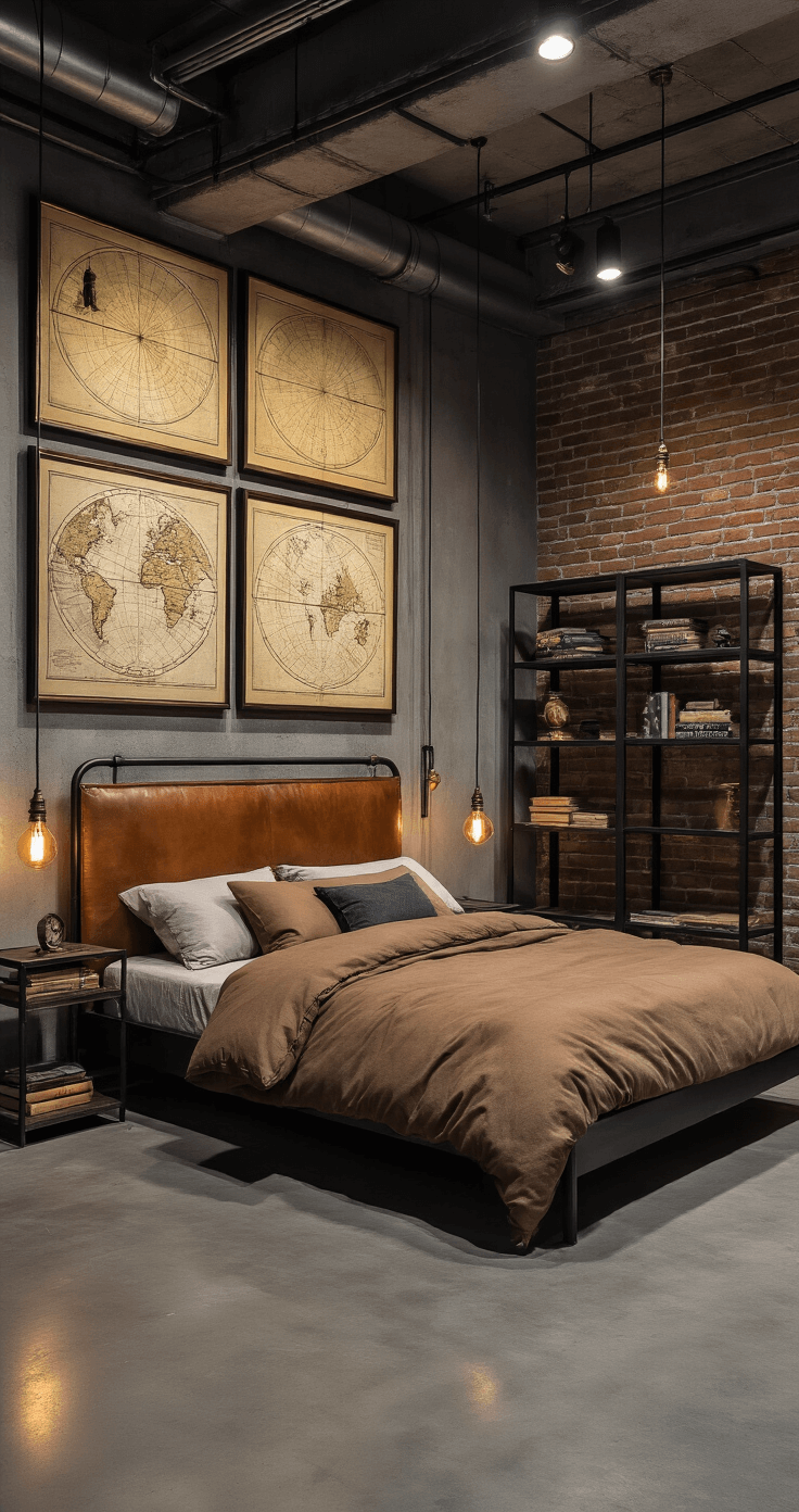 An industrial-style bedroom at twilight with polished concrete floors, exposed ductwork, a raw steel bed frame with cognac leather headboard, layered earth-tone bedding, a vintage map gallery wall in brass frames, a black steel shelving unit, and warm light from dimmable Edison bulbs creating a moody atmosphere.