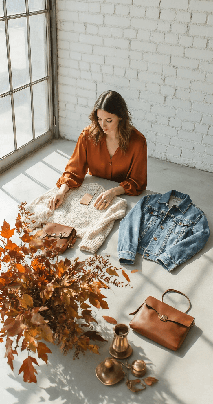 A fashion editor arranges a stylish flat lay in a bright studio, featuring a rust-colored silk blouse, cream cashmere sweater, vintage-wash denim jacket, and cognac leather accessories, complemented by dried autumn foliage and brass objects, all bathed in soft morning light.