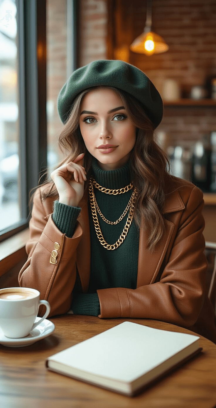 A macro shot of a chunky gold chain necklace layered with delicate pendants, alongside a deep forest green wool beret and a structured cognac leather tote with brass hardware, set against warm wood tables and exposed brick walls in a cozy coffee shop corner with soft atmospheric lighting.