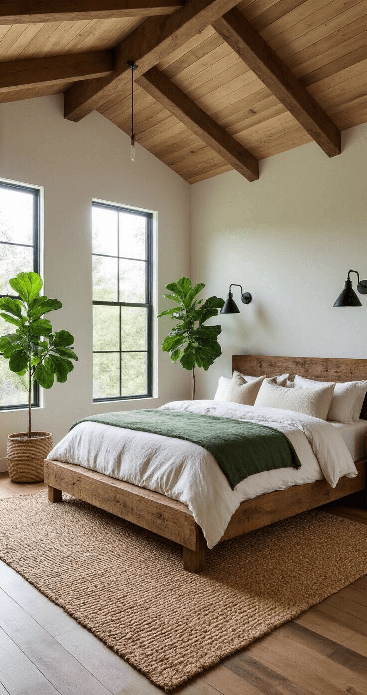 A rustic modern bedroom featuring a vaulted cedar ceiling with morning light streaming in, showcasing a custom reclaimed wood platform bed with ivory linens and forest green accents, layered jute rug over hardwood floors, potted fiddle leaf fig trees flanking large windows, and black iron sconces for ambient lighting, captured from the doorway for a view of the ceiling and natural light.
