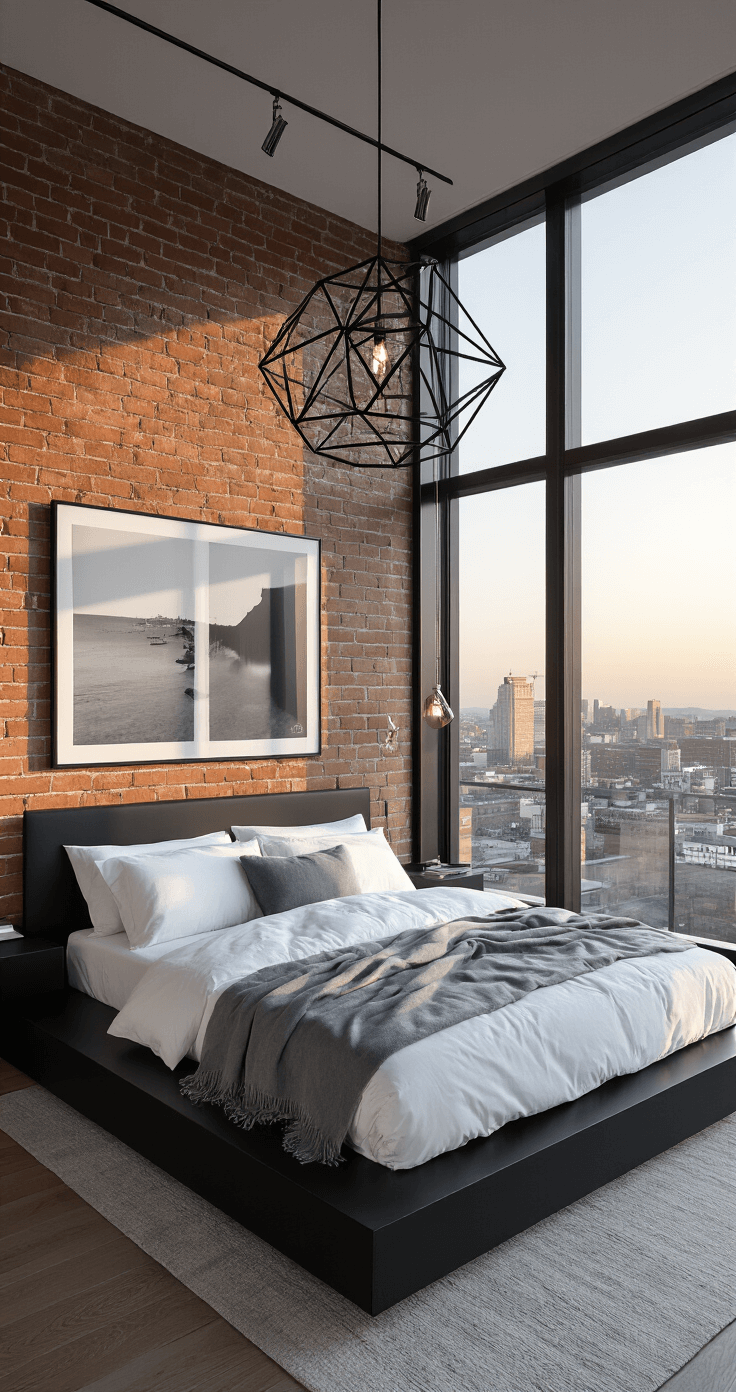 A stylish contemporary bedroom featuring a floating matte black platform bed with white bedding and gray cashmere throws, accented by a gallery wall of black and white photography. The room is illuminated by polished chrome reading lights and a geometric pendant light casting dramatic shadows, with large windows showcasing city views at sunset.