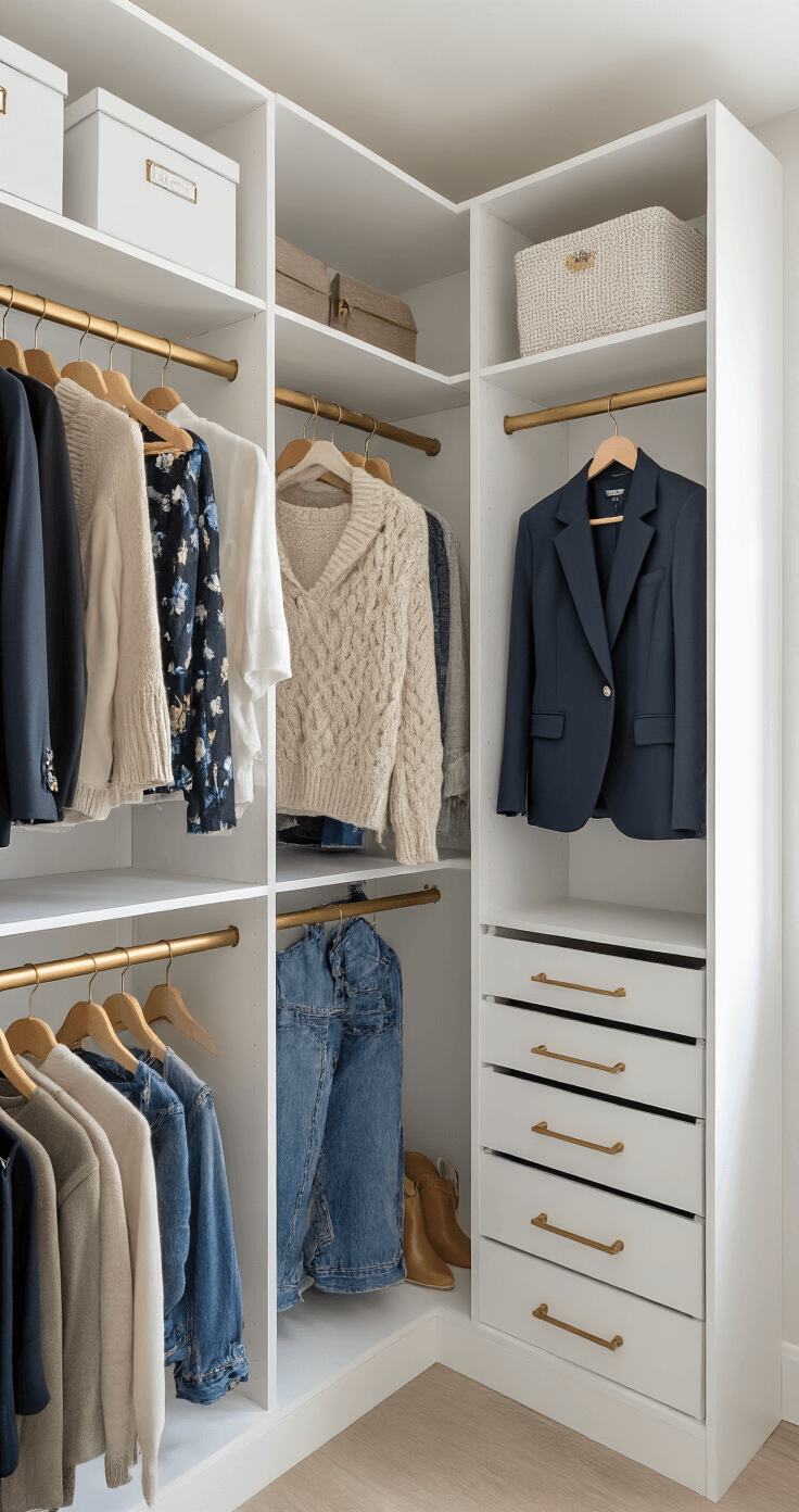 A stylish modern walk-in closet featuring organized clothing racks and built-in shelving, showcasing a blend of high-end and affordable fashion pieces along with clean white storage solutions and brass hanging rods, captured in a wide-angle shot.