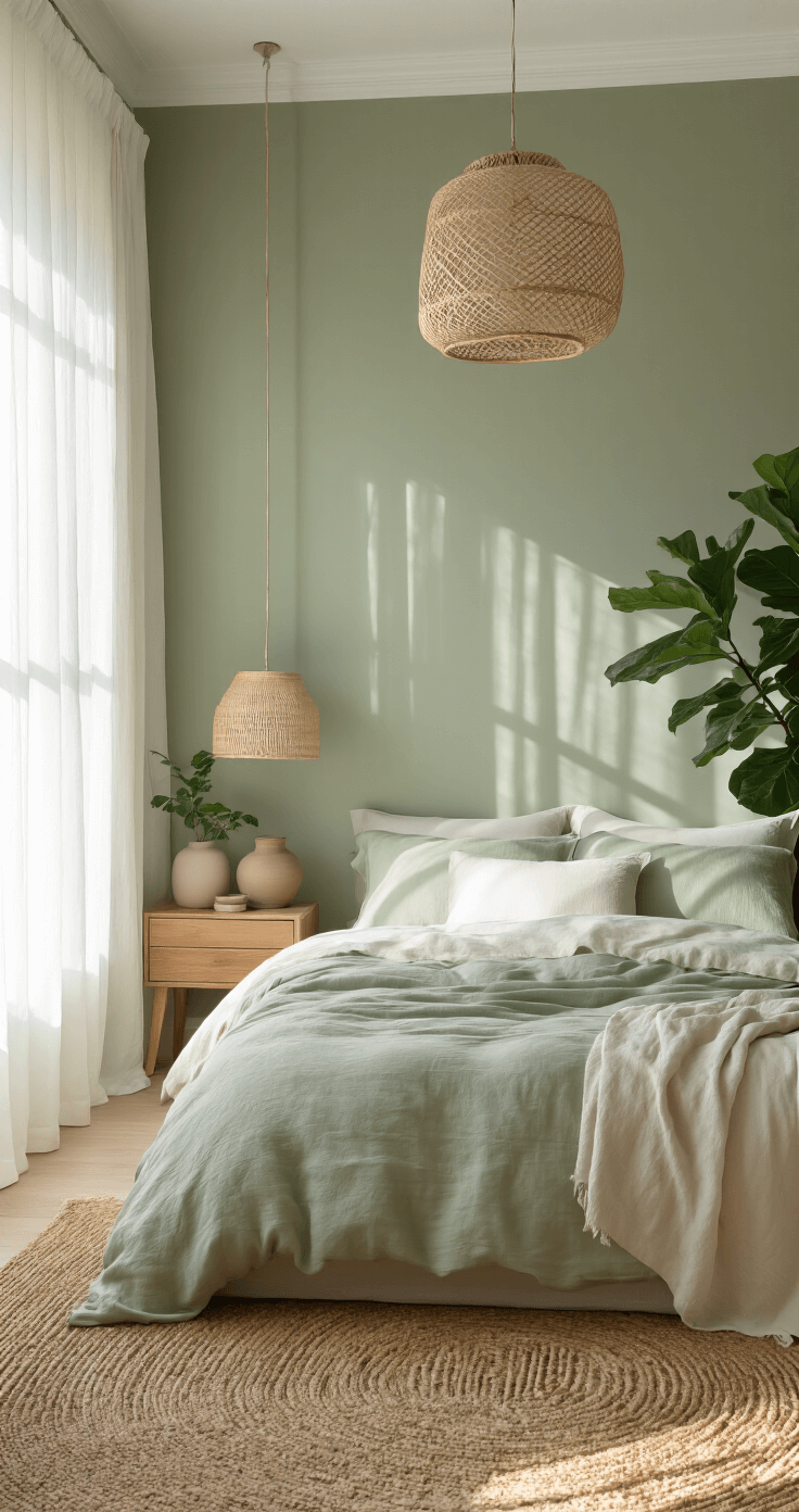A serene sage green bedroom featuring a low-profile bed with layered linen bedding, natural oak nightstands with ceramic lamps, a textured jute rug, and a potted fiddle leaf fig. Morning light streams through sheer white curtains, highlighting the matte sage walls and white trim while a woven bamboo pendant light adds warmth.