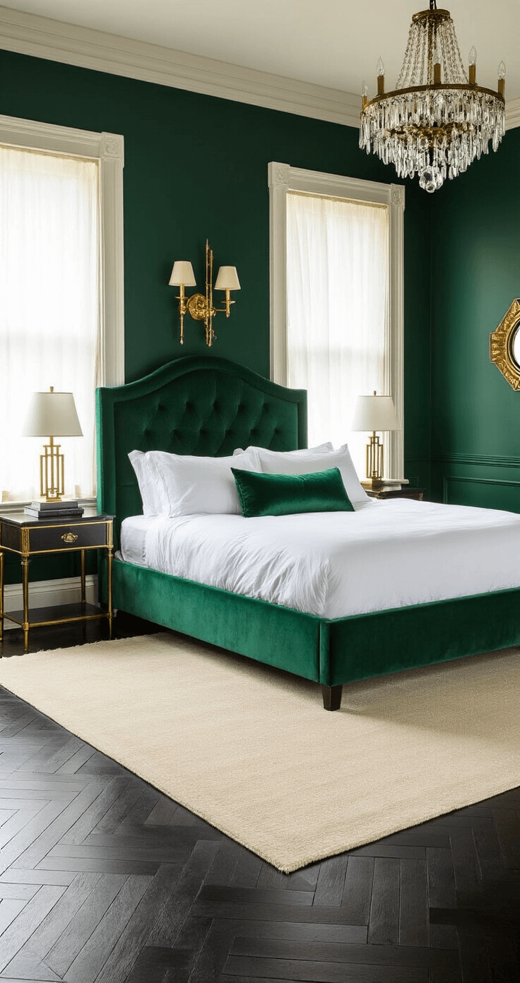 Luxurious emerald green master bedroom featuring a velvet upholstered headboard, Art Deco brass sconces, and a king bed with crisp white linens and emerald silk pillows, all warmly lit at golden hour.