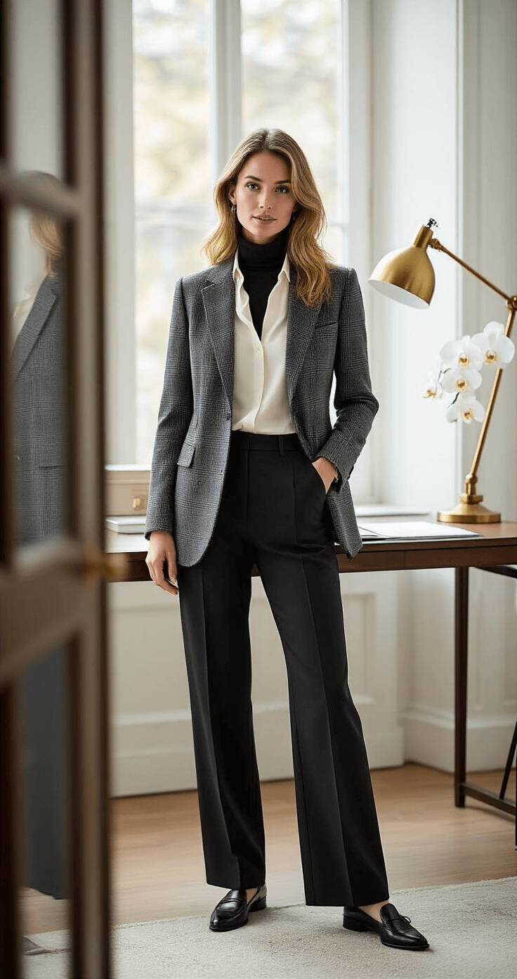 Chic home office featuring a fashion consultant demonstrating layered clothing in mid-morning light, with a silk blouse, turtleneck sweater, and checked blazer. A full-length mirror reflects straight-leg trousers and pointed loafers, while a brass desk lamp and white orchid enhance the sophisticated atmosphere, all viewed through an architectural doorway.
