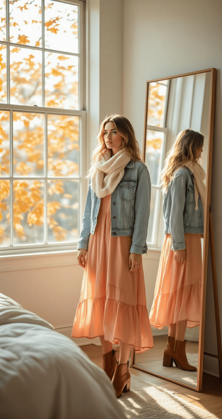 A fashion-forward woman styles a pale coral midi dress and light wash denim jacket in a sunlit minimalist bedroom, with warm autumn sunlight streaming through tall loft windows and golden leaves visible outside.