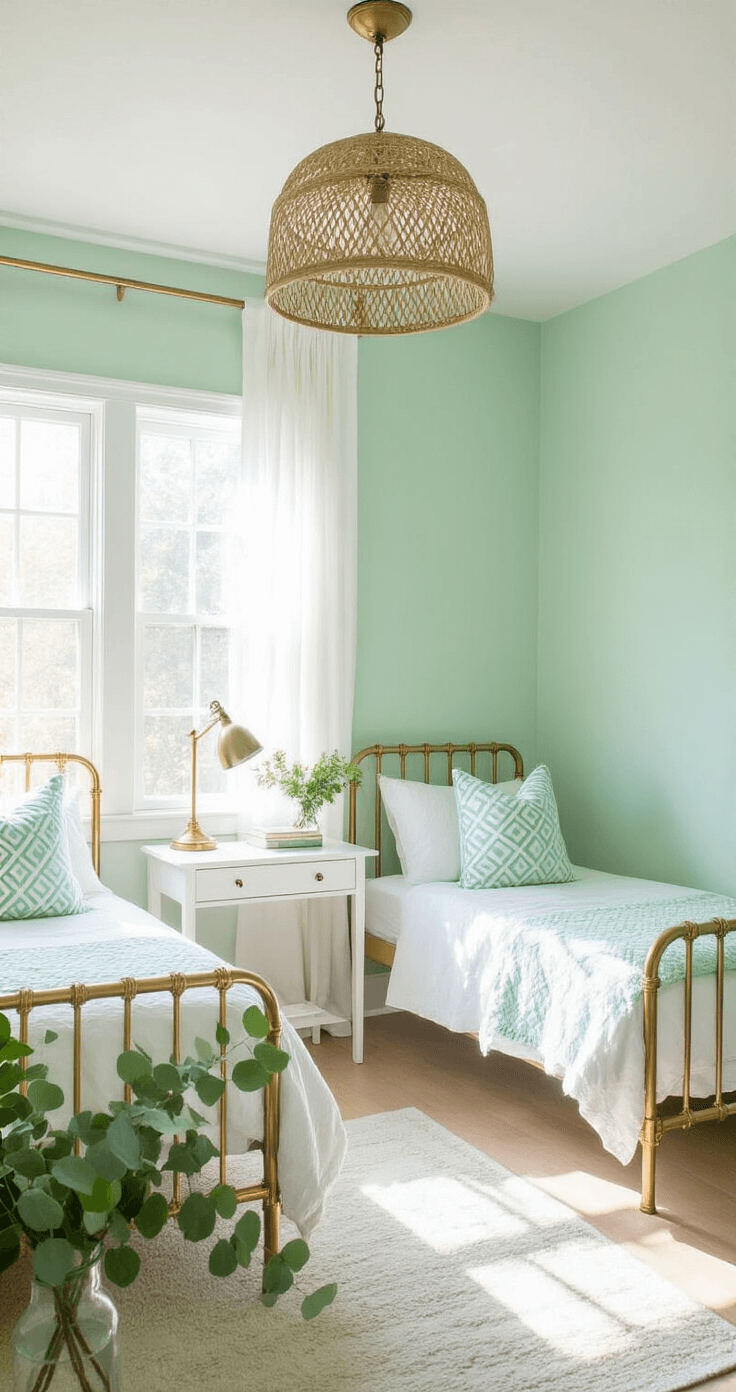 A bright mint green bedroom features twin brass beds with white bedding and mint throws, a rattan pendant light, sheer curtains, and a white desk with a brass lamp, all captured in soft, even mid-morning light.