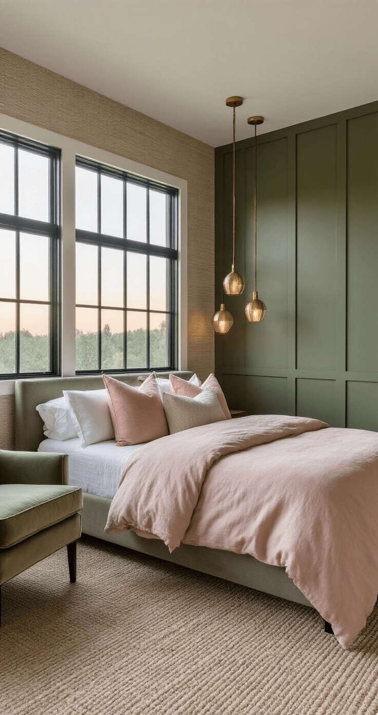 A contemporary bedroom featuring olive green paneled walls, a blush linen-dressed modern platform bed, and asymmetrical brass pendant lights. The space includes a velvet accent chair, a wool carpet, and woven grass cloth wallpaper, with black metal window frames contrasting the soft textiles. The room is illuminated by warm artificial light mingling with cool twilight.