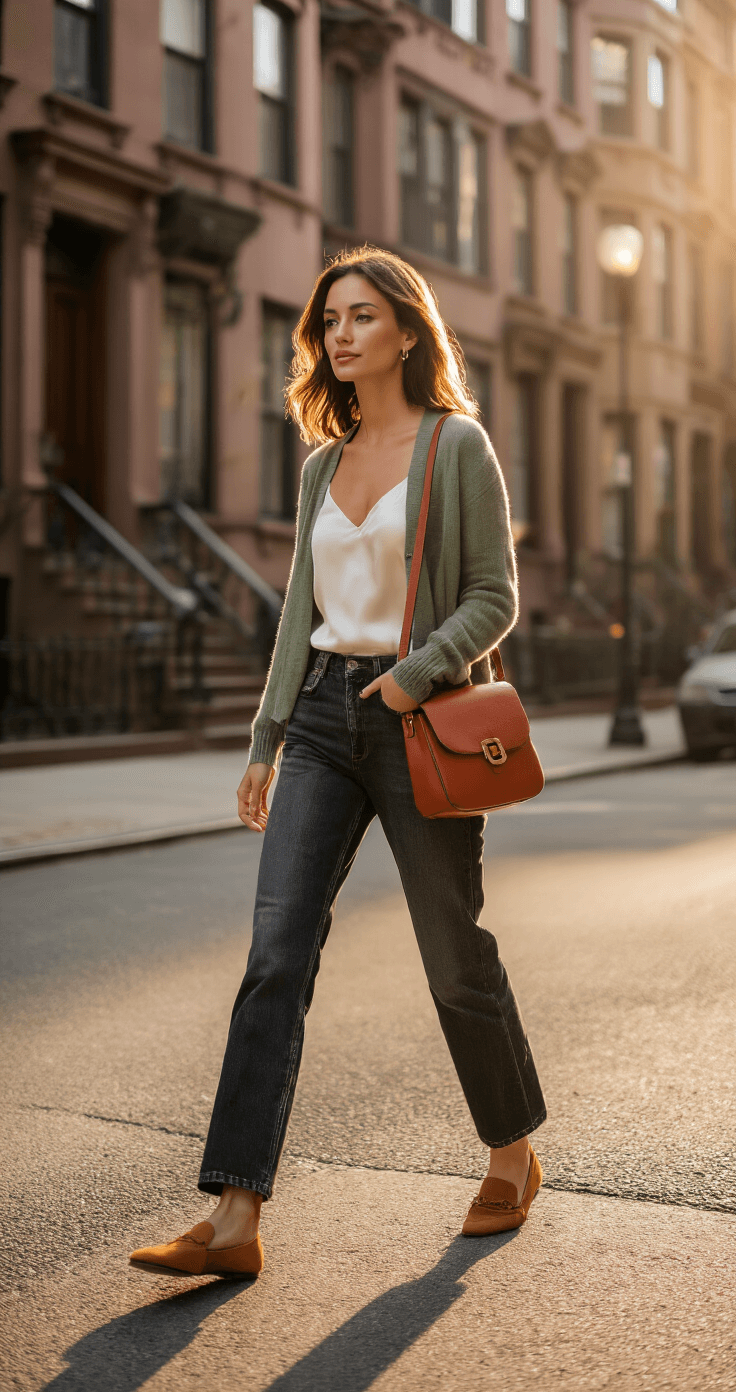 A confident woman in a sage green cardigan and white silk camisole walks past historic brownstones during golden hour, her rust-colored leather crossbody bag gleaming in the warm light, set against a softly blurred background.