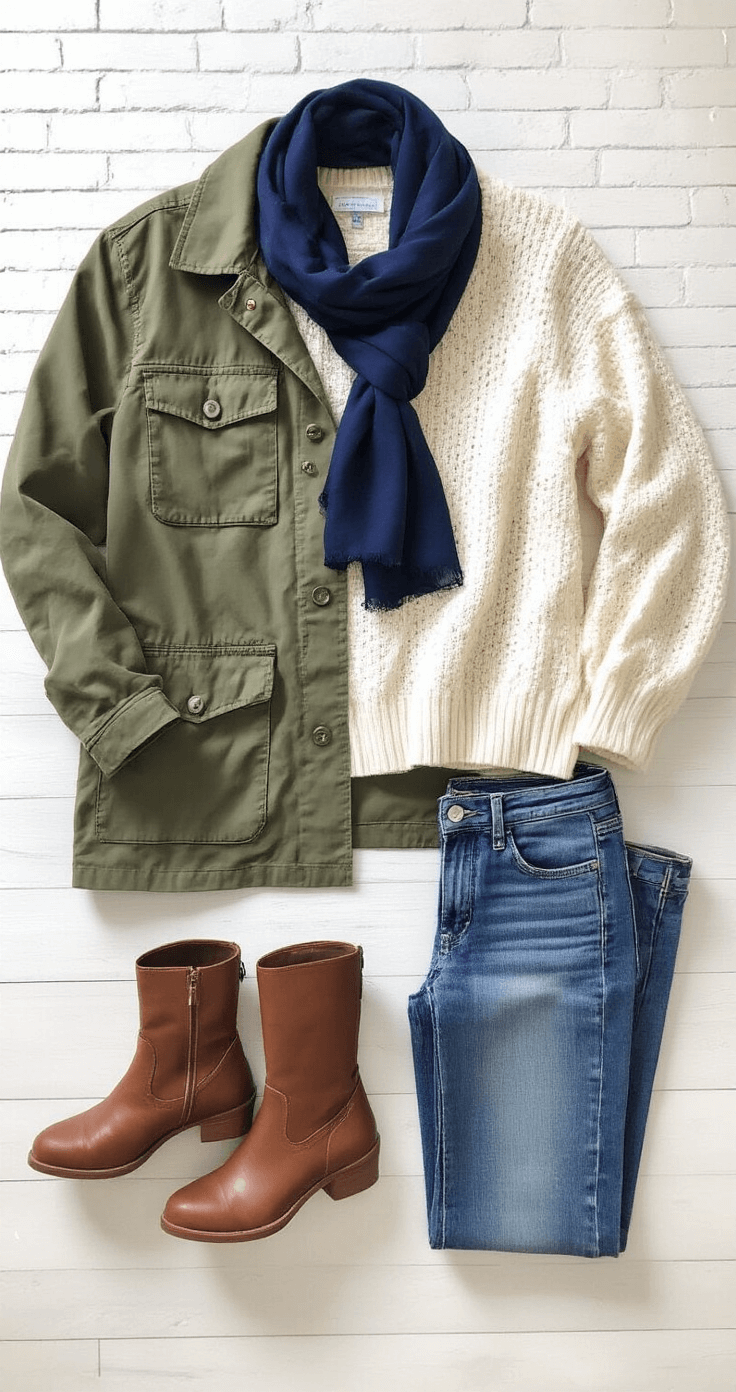 Bright and airy studio with white brick walls featuring a flat lay of an early fall capsule wardrobe, including an olive green utility jacket, cream knit sweater, navy silk scarf, brown leather boots, and vintage-wash denim, captured in natural morning light with an overhead perspective.