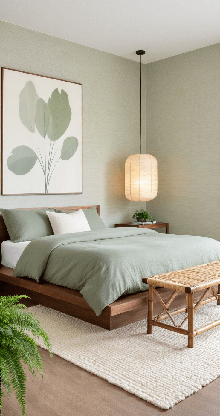 A tranquil zen-inspired bedroom with a floating walnut platform bed, textured pale sage grasscloth wall, minimalist bamboo bench, and a cream handwoven wool rug, all bathed in soft morning light. A large abstract botanical art piece in muted greens decorates the wall, while a rice paper floor lamp and a Boston fern enhance the peaceful ambiance.