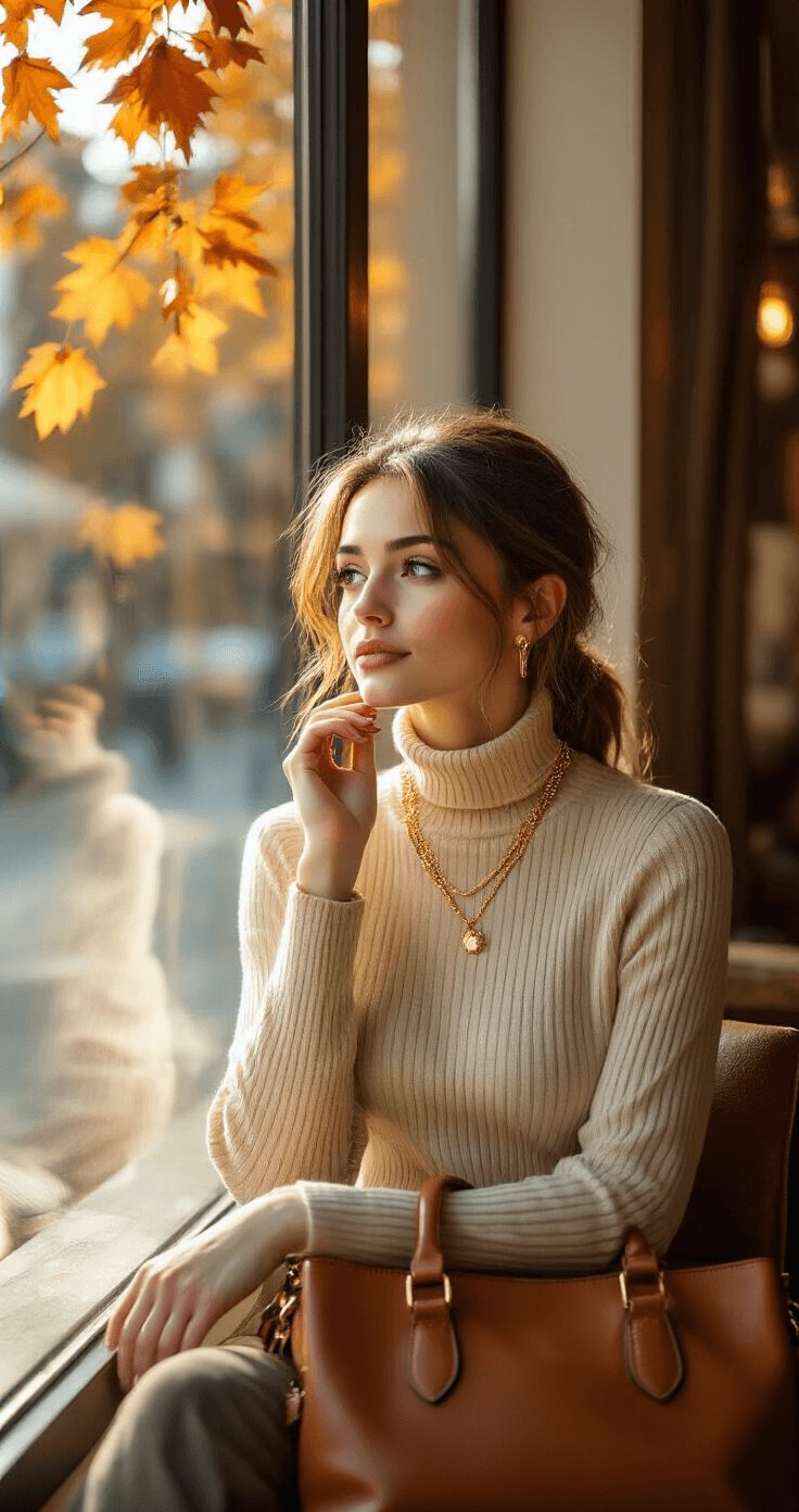 A woman styles delicate gold necklaces over a cream ribbed turtleneck, seated by a large window in a modern cafe. A rich brown leather bag is beside her as autumn leaves swirl outside, illuminated by warm highlights and deep shadows in a cinematic composition.