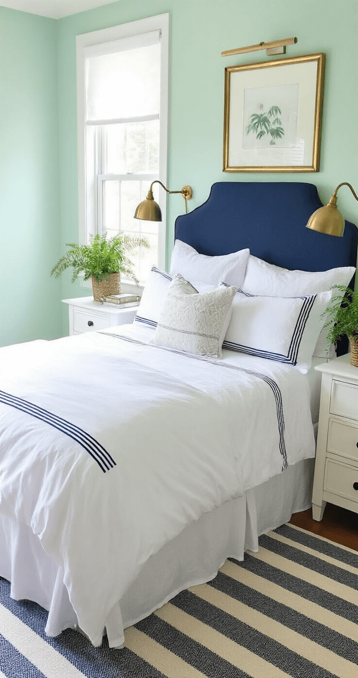 A stylish navy and mint bedroom featuring a navy upholstered headboard, white bedding with navy borders, brass accents, and a striped flat-weave rug, all bathed in crisp morning light.