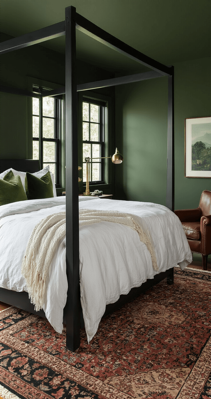 A moody forest green bedroom suite featuring dark olive walls, an oversized black canopy bed with ivory linens and moss green velvet pillows, a vintage Persian rug, a brass floor lamp, and a leather reading chair, all illuminated by dramatic backlighting through black steel windows at blue hour.