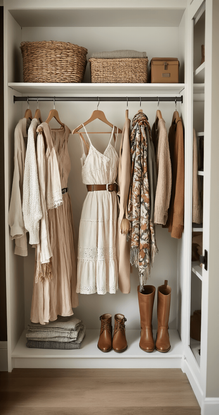 A woman stands in a cozy dressing area, selecting a summer dress from an organized open closet filled with transitional wardrobe pieces. Below, fall accessories like belts, scarves, and boots are neatly arranged. Soft, diffused natural light enhances the textures of the clothing and layered styling options.