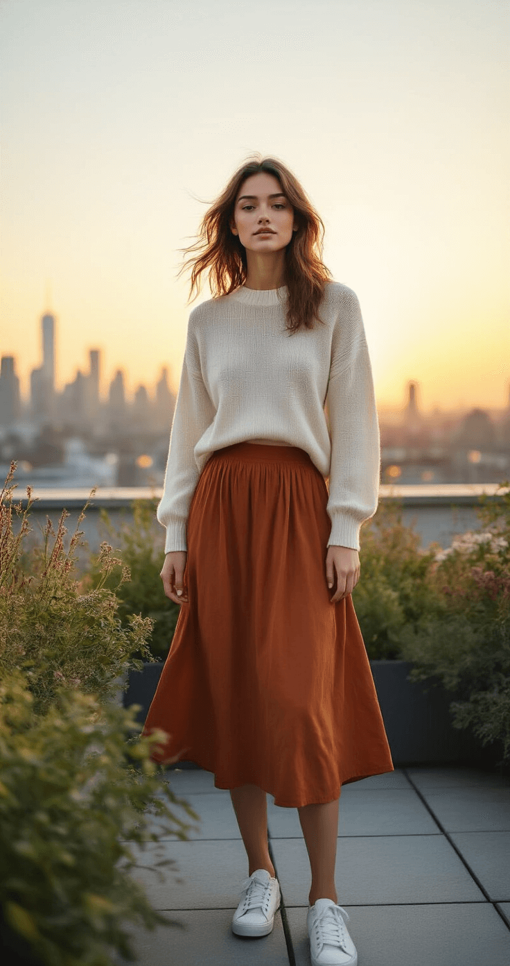 A model in a rust-colored midi skirt, lightweight cream sweater, and white sneakers stands in a rooftop garden at sunset, with city lights twinkling in the background and her hair gently lifted by the wind, capturing the golden hour glow in an urban lifestyle shot.