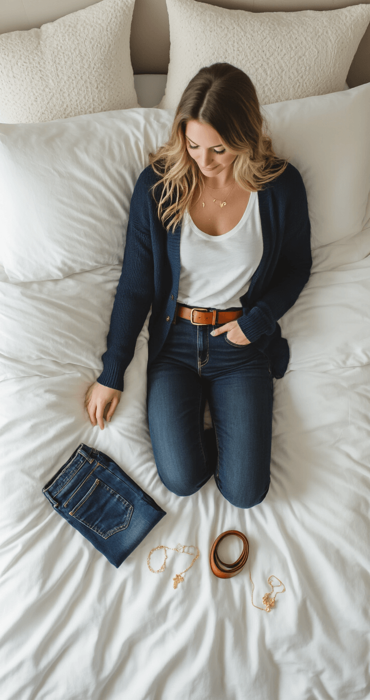 A woman arranges a navy blue cardigan, white basic tee, cognac leather belt, and dark wash jeans into an outfit flat-lay on a white duvet, illuminated by morning light in a Scandinavian-style bedroom, with delicate gold jewelry accents adding a touch of elegance.