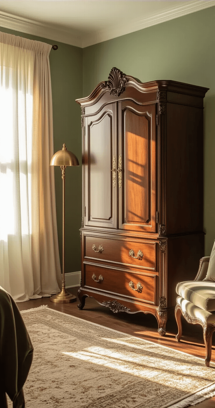 Intimate guest bedroom featuring a vintage mahogany armoire with carved details and brass hardware, against a sage green wall, bathed in warm golden hour light. A brass floor lamp, woven rug, and velvet accent chair surround the space, highlighting the armoire’s height and elegant ambiance.