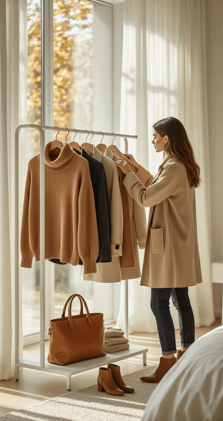 A sunlit minimalist bedroom featuring a young woman organizing her fall capsule wardrobe on a white clothing rack, showcasing camel cashmere sweaters, a beige trench coat, and dark wash denim, complemented by warm-toned wool textures and leather accessories, including a cognac leather tote and suede ankle boots, all captured in natural lighting.