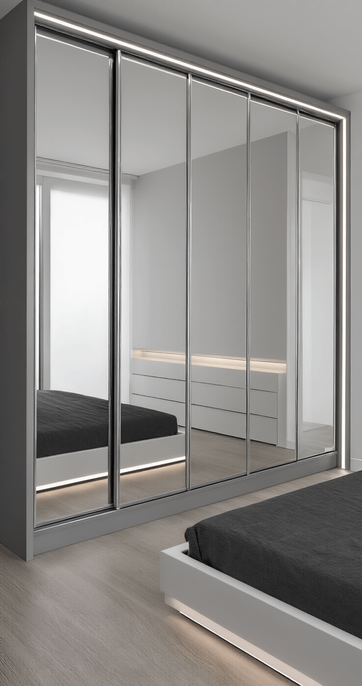 A compact modern bedroom with mirrored sliding door cupboards reflecting afternoon light, featuring a charcoal gray platform bed, minimalist gray and white decor, and built-in LED strip lighting.