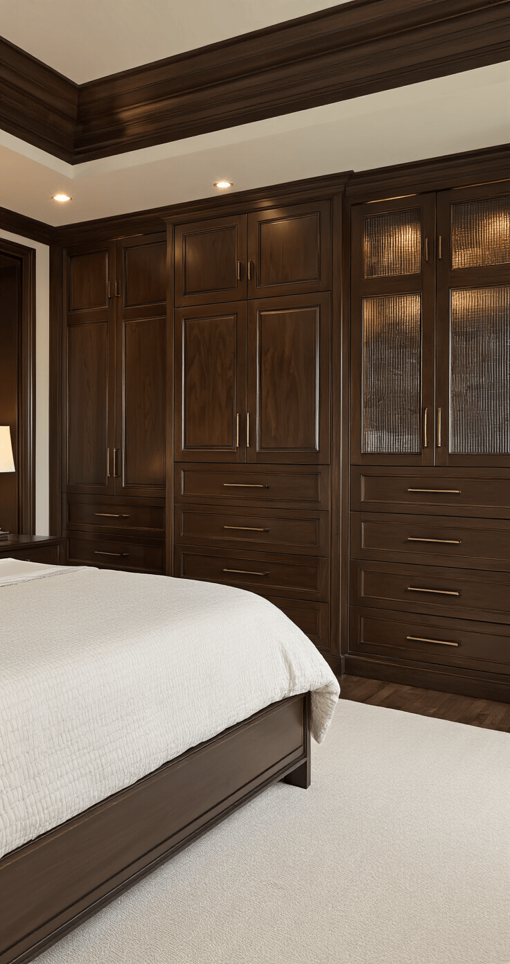 A luxurious primary bedroom featuring dark walnut built-ins with integrated dressers, dusk lighting, textured glass inserts, plush cream carpet, and mixed metal hardware, shot straight-on to highlight symmetry and refined masculine elegance.