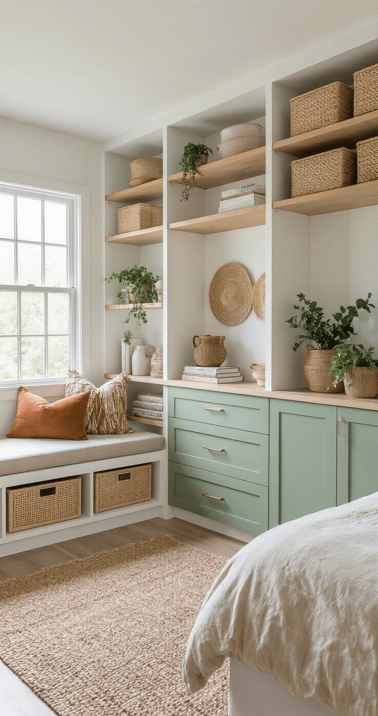 Eclectic 14x16ft bedroom featuring a modular storage system in white, natural oak, and sage green lacquer, filled with mid-morning light; includes open shelving, closed storage, rattan accessories, potted plants, and bohemian textiles in earth tones, creating a casual yet sophisticated atmosphere.