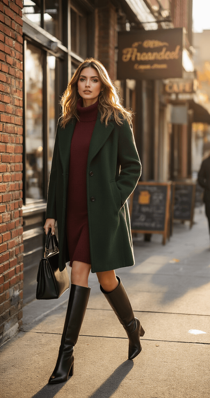 A fashion blogger wearing a forest green wool coat over a burgundy sweater dress walks outside a brick cafe during golden hour, with rich fall colors contrasting the urban backdrop. She accessorizes with black leather knee-high boots and a structured handbag, captured in warm sunlight from a low angle with a blurred background.