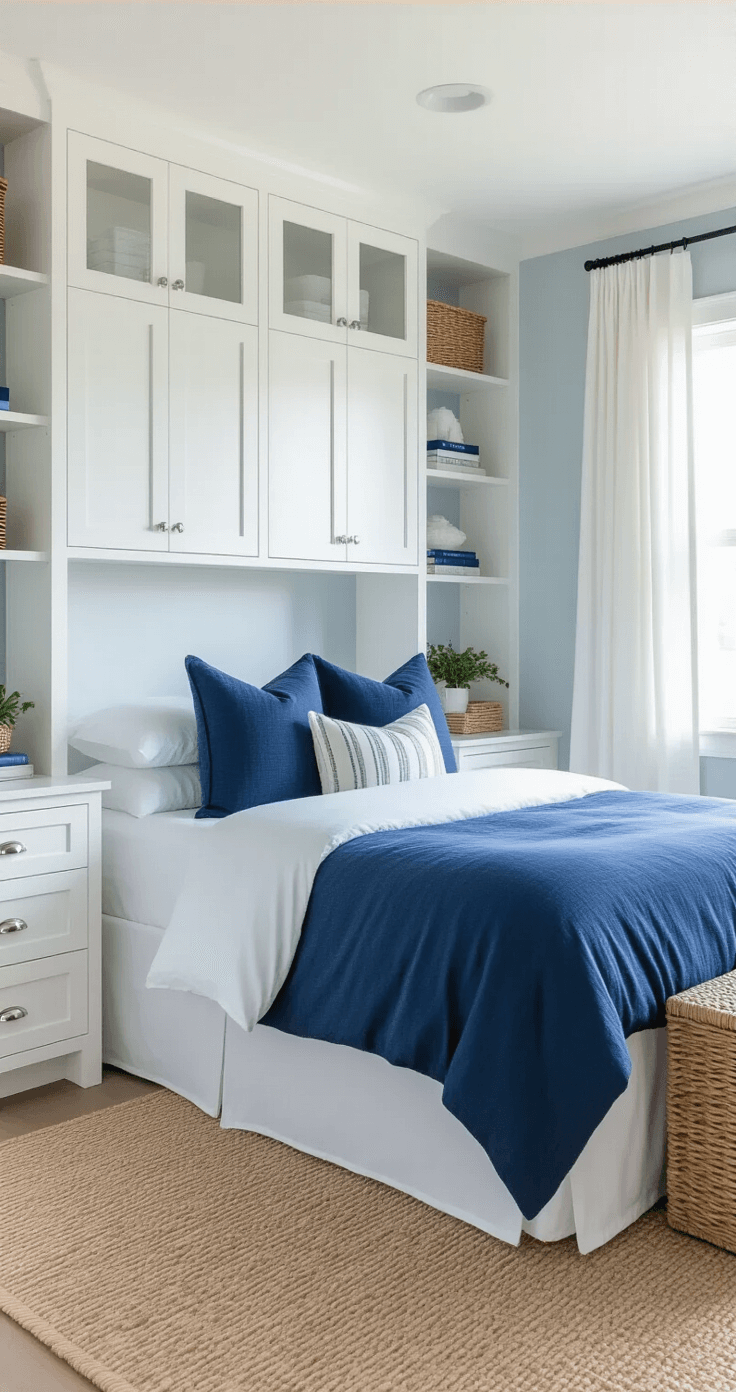 Coastal-inspired 13x15ft bedroom with white shaker-style built-ins, glass-front cabinets, pale blue walls, and navy and white linens on a queen bed, featuring natural light filtering through white linen drapes.