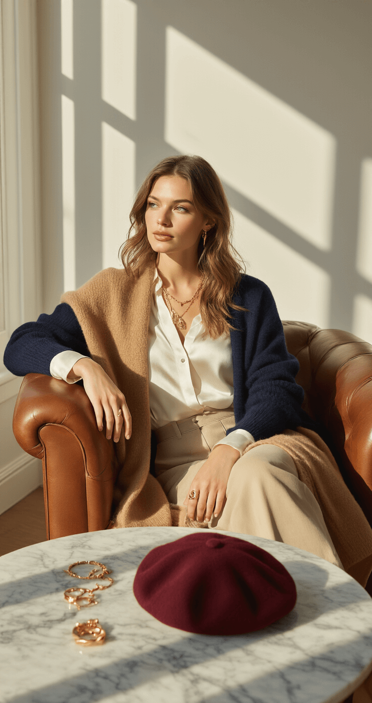 A cozy Scandinavian-style living room with a model in a leather armchair, wearing an ivory silk blouse, navy cashmere cardigan, and a camel wool coat draped over her shoulders. The late afternoon light casts long shadows, highlighting gold jewelry and a burgundy beret on a marble side table, captured at eye level with a shallow depth of field.