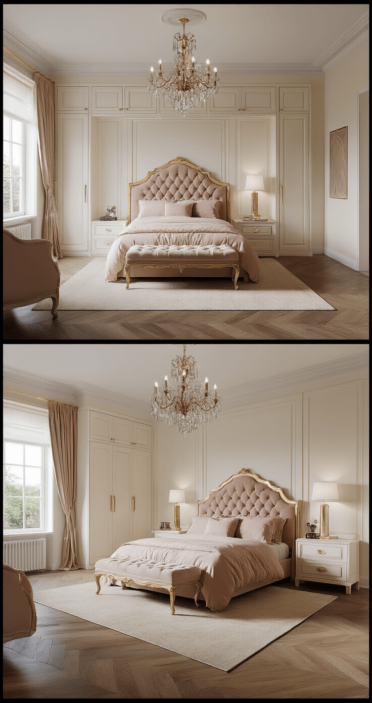 Aerial view of a luxurious traditional bedroom featuring a cream lacquered walk-in cupboard system, crystal chandelier, gold-leaf accents, a blush velvet tufted headboard, and herringbone hardwood floors, all illuminated by warm evening light.
