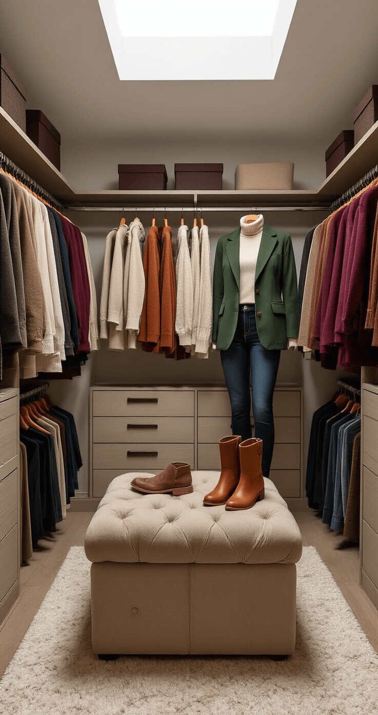 A modern walk-in closet featuring an organized fall wardrobe section with rails displaying a gradient of autumn colors from cream to burgundy. In the foreground, a thoughtfully styled outfit combination of a forest green blazer, cream turtleneck, dark wash jeans, and cognac boots is arranged on a plush ottoman, illuminated by soft, diffused natural light from a skylight above.