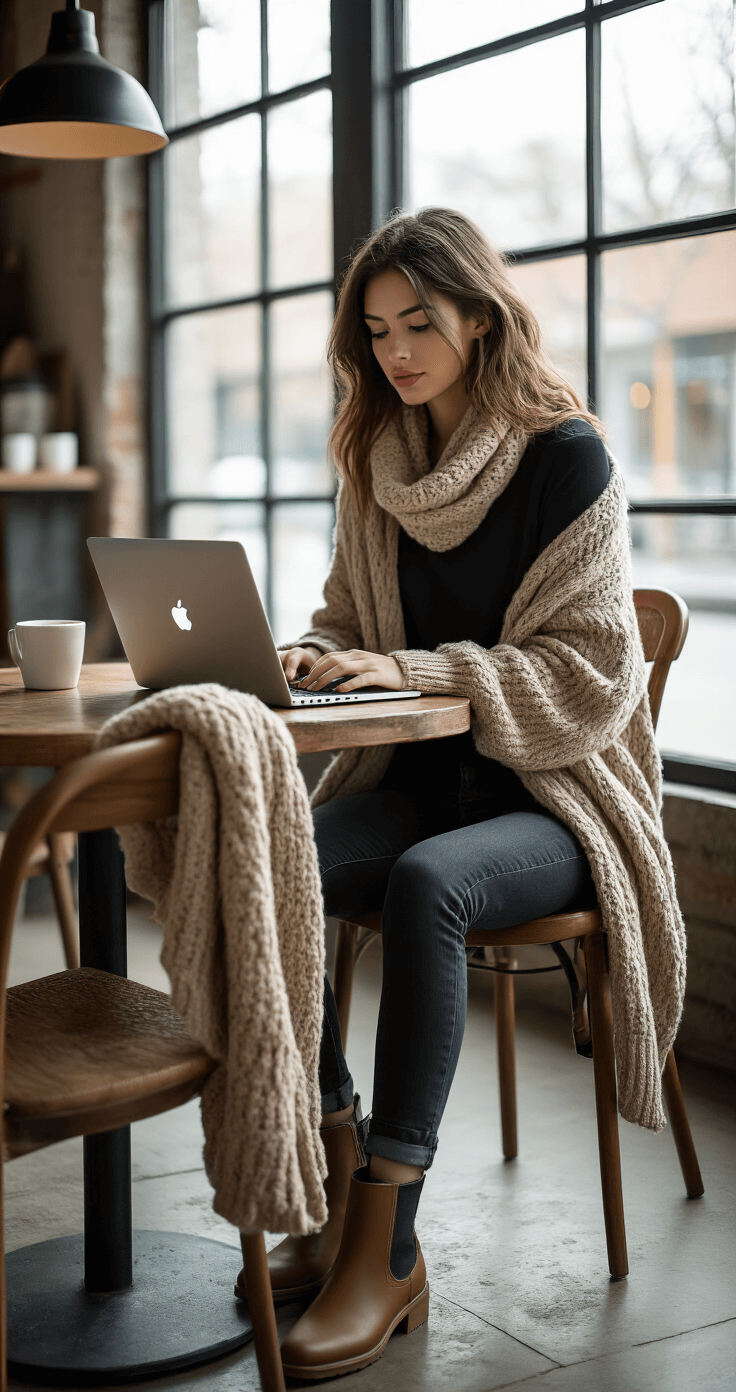 A model sits at a table in an industrial-chic coffee shop, working on a laptop. She wears a fitted black long-sleeve tee under an oversized oatmeal cardigan, paired with dark skinny jeans and chelsea boots. A chunky knit scarf drapes over a nearby chair as morning light streams through large windows, softly illuminating the scene.