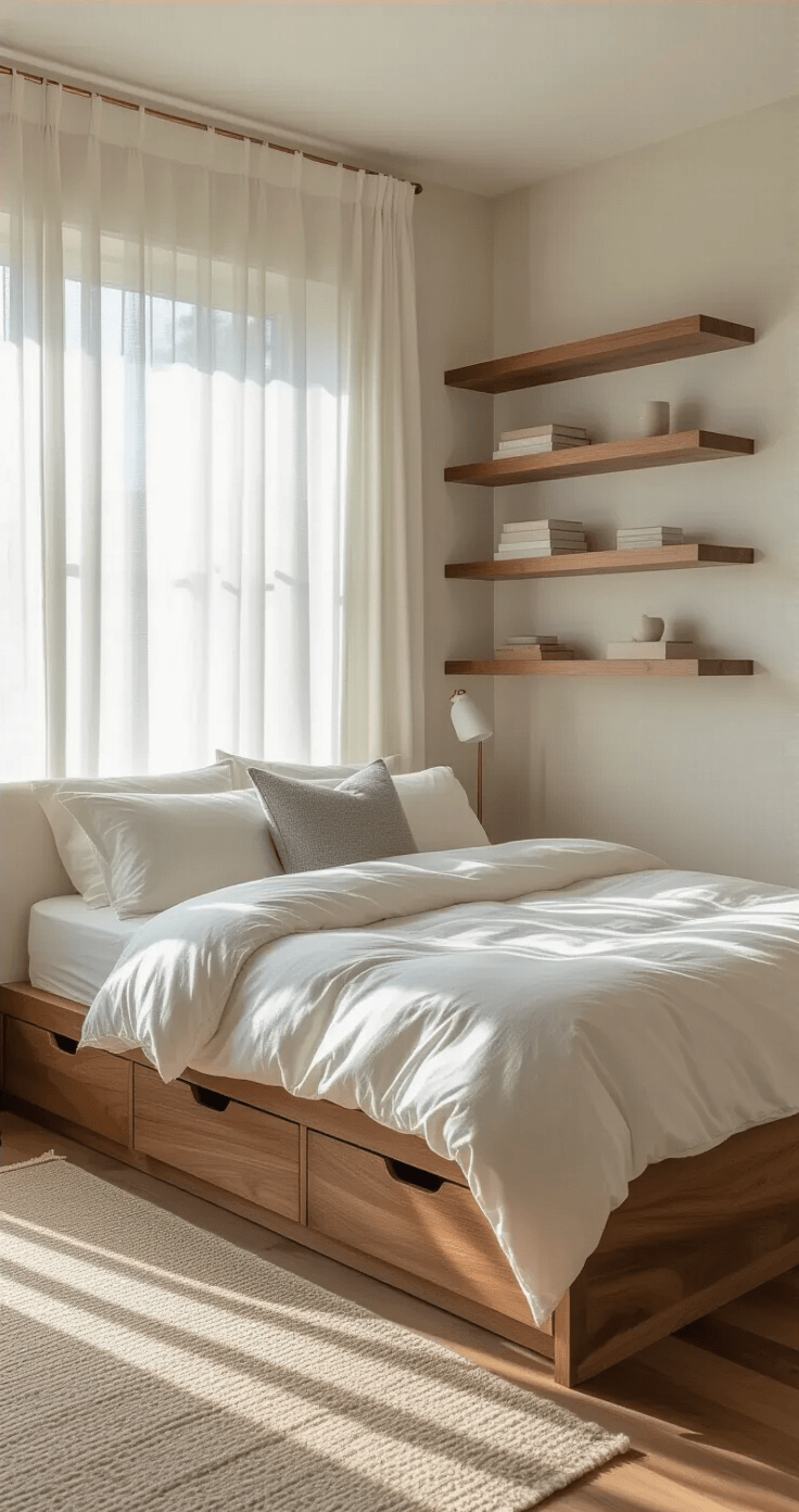 A serene 10x12ft bedroom illuminated by morning sunlight, featuring a low-profile platform bed with white linens and grey pillows, staggered walnut floating shelves, and warm LED sconces, all set in a neutral palette for an airy feel.