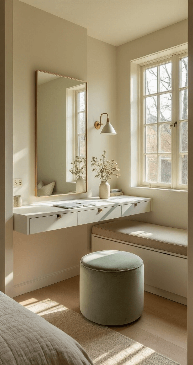 Intimate Scandinavian minimalist bedroom at golden hour featuring a fold-down wall-mounted desk beneath a large mirror, a velvet sage ottoman for seating and storage, and floor-to-ceiling pale oak built-ins, with afternoon sun casting dramatic shadows through geometric window frames.