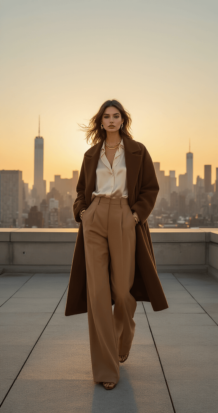 Model in a luxe fall ensemble featuring a cream silk blouse, camel wide-leg trousers, and an oversized chocolate brown wool coat, styled against a city skyline at sunset. Gold jewelry glimmers in the last light as wind gently moves the fabrics, captured with a professional lighting setup during golden hour.
