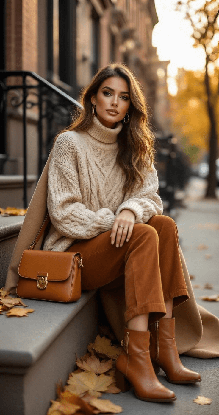 A fashion influencer in an oatmeal cable-knit sweater and rust-colored cord pants sits elegantly on a sun-drenched Brooklyn brownstone stoop, draped in a camel coat. Autumn leaves scatter around her, while warm light highlights her minimal gold jewelry and caramel leather accessories. The scene captures an editorial street-style vibe.